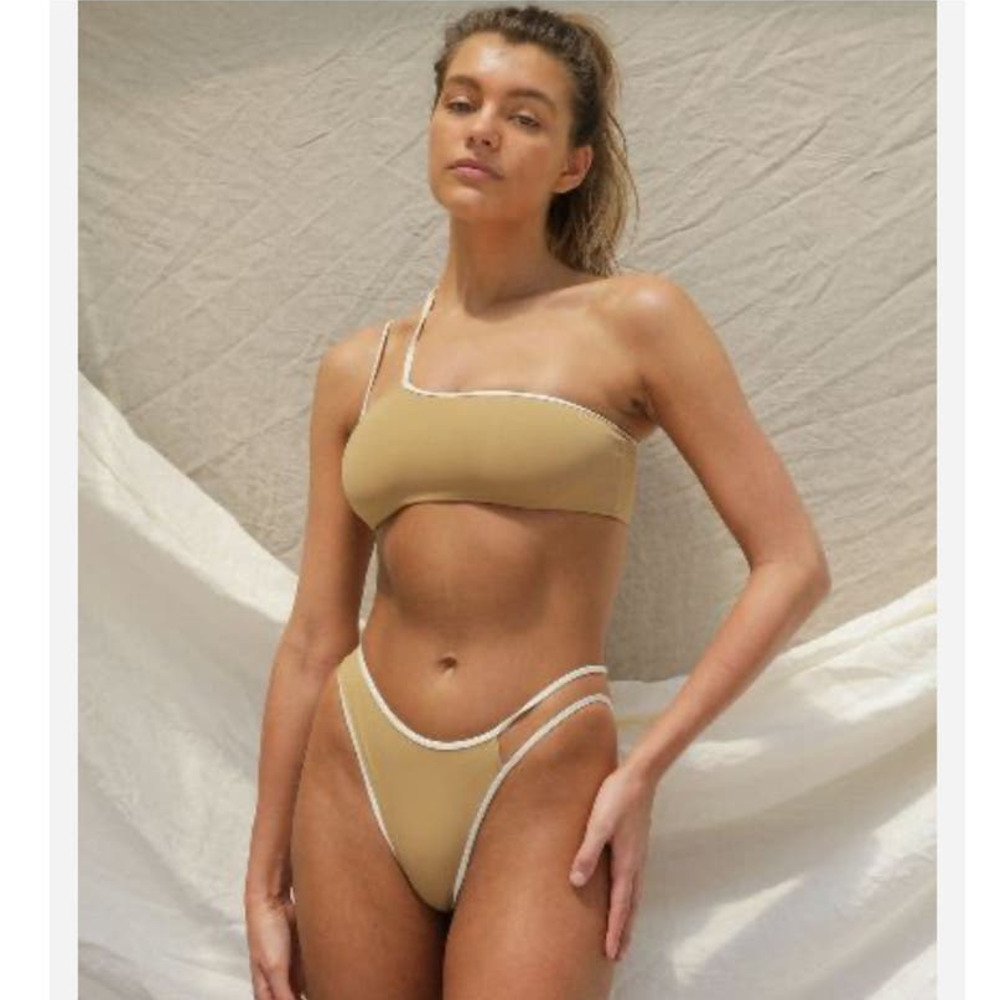 NWT Stone Fox Swim Echo Bikini Bottom, Asymmetrical Binding Detail, Tan, size XL